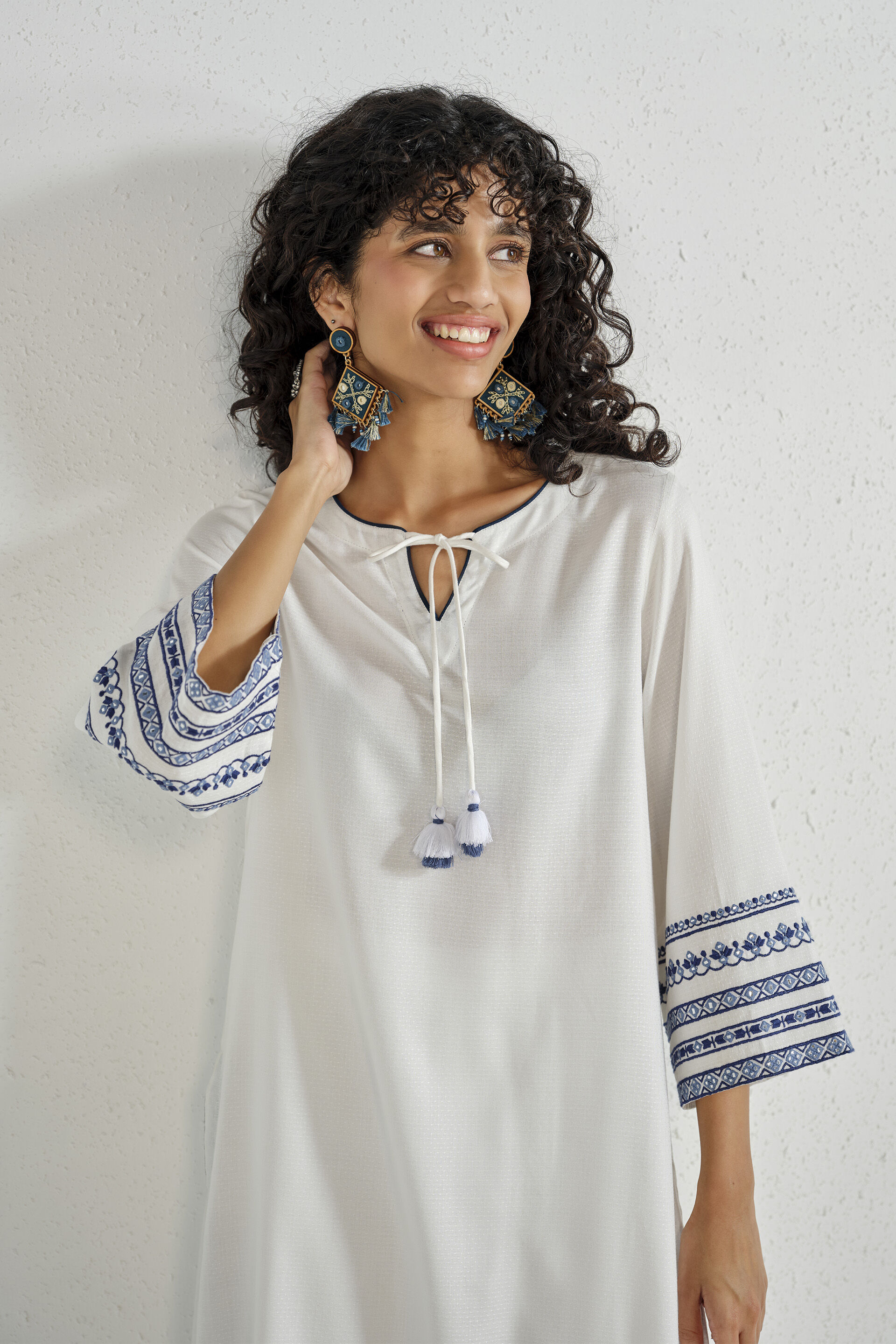 White Embroidered Long Kurta Set, White, image 2